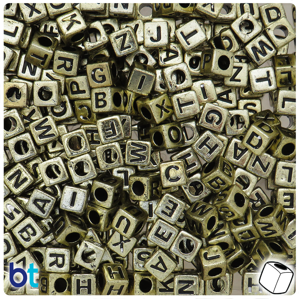 Gold Metallic 7mm Cube Alpha Beads - Black Letter Mix (200pcs)